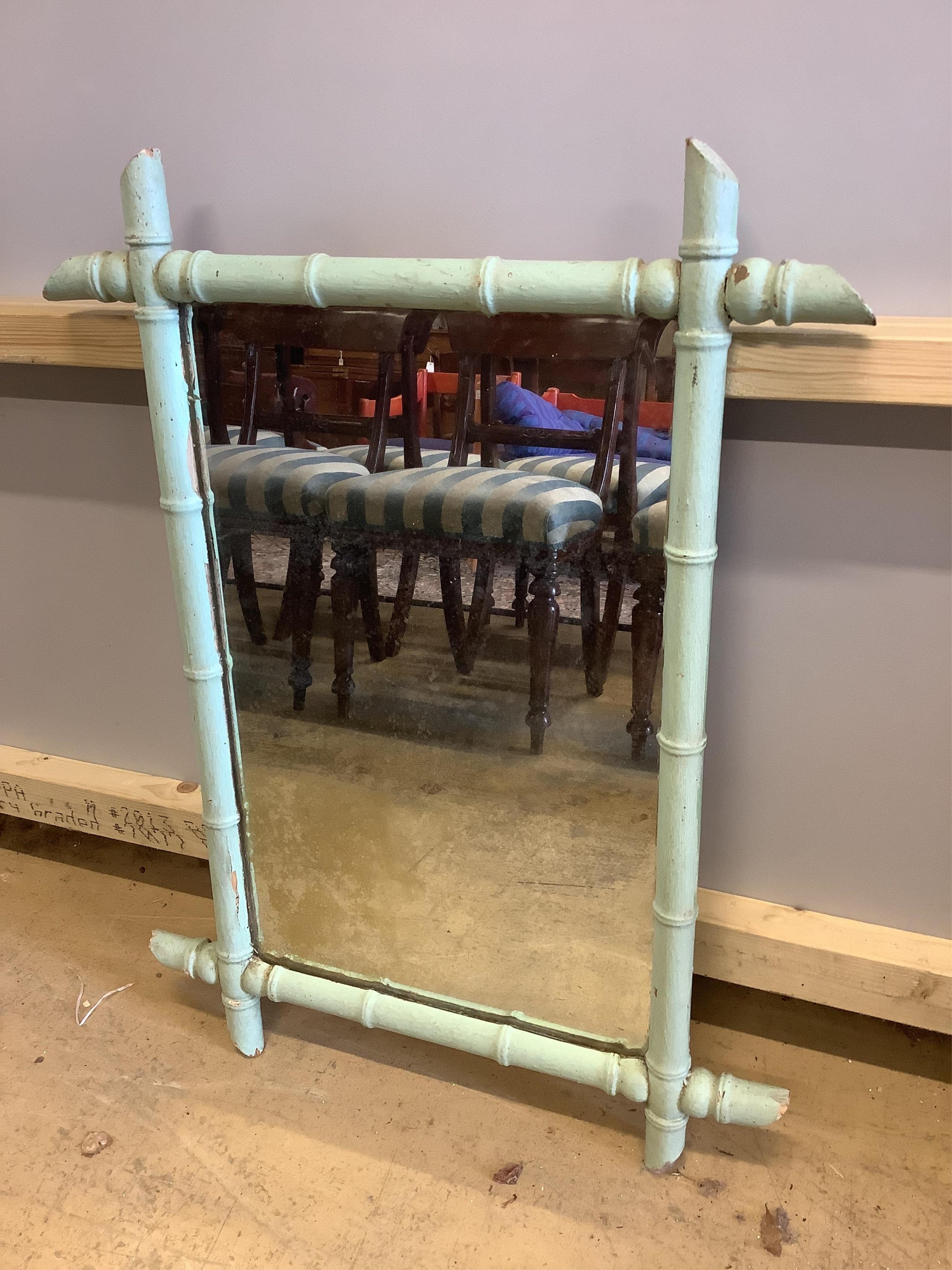 Two French rectangular faux bamboo wall mirrors, one later painted, larger width 66cm, height 86cm. Condition poor to fair.